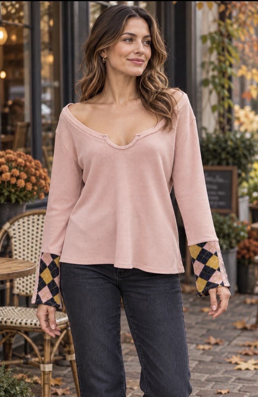 Others Follow Women’s M Pink Waffle Knit Top Argyle Cuffs Off Shoulder Boho